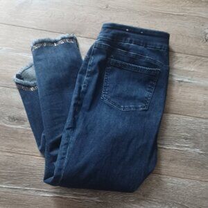 Chico's Ankle Blingy frayed hem Jegging Stretch Cute Jeans Dark Denim 12/2R
